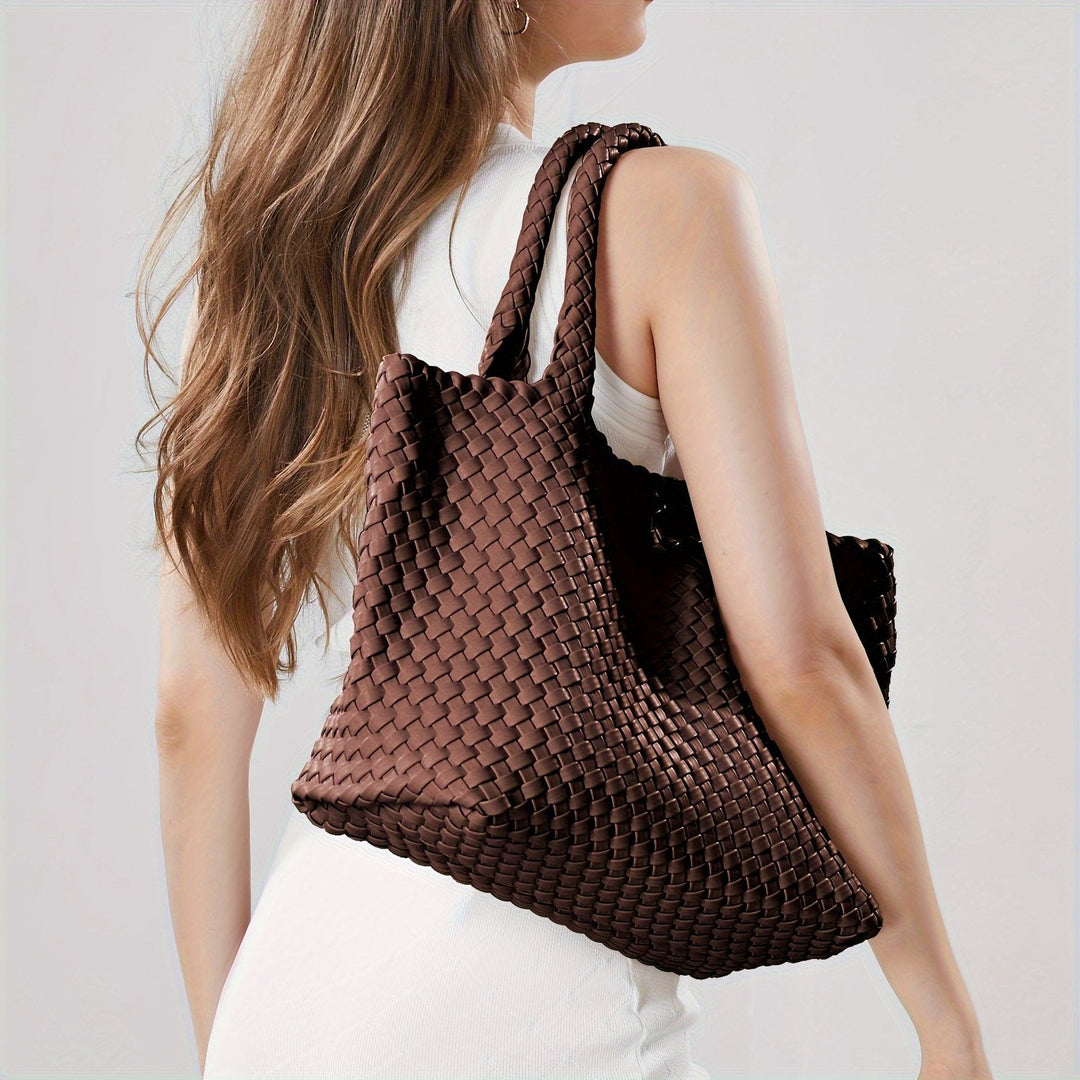 Practical women's large woven tote, comfortable shoulder carry for daily use.