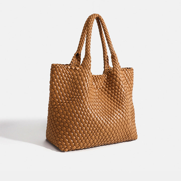 Spacious women's woven shoulder bag, an elegant daily handbag for work or travel.