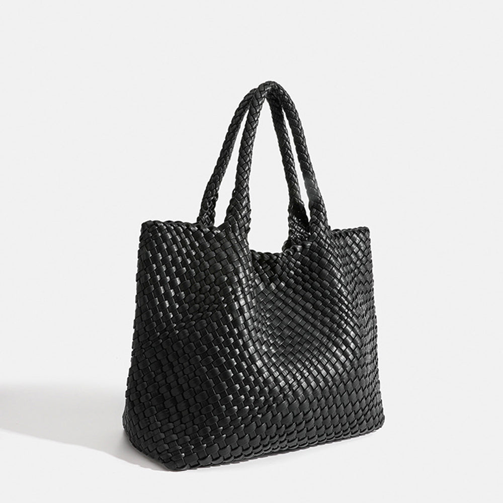 Elegant women's woven shoulder tote bag, roomy for work, travel, or leisure.