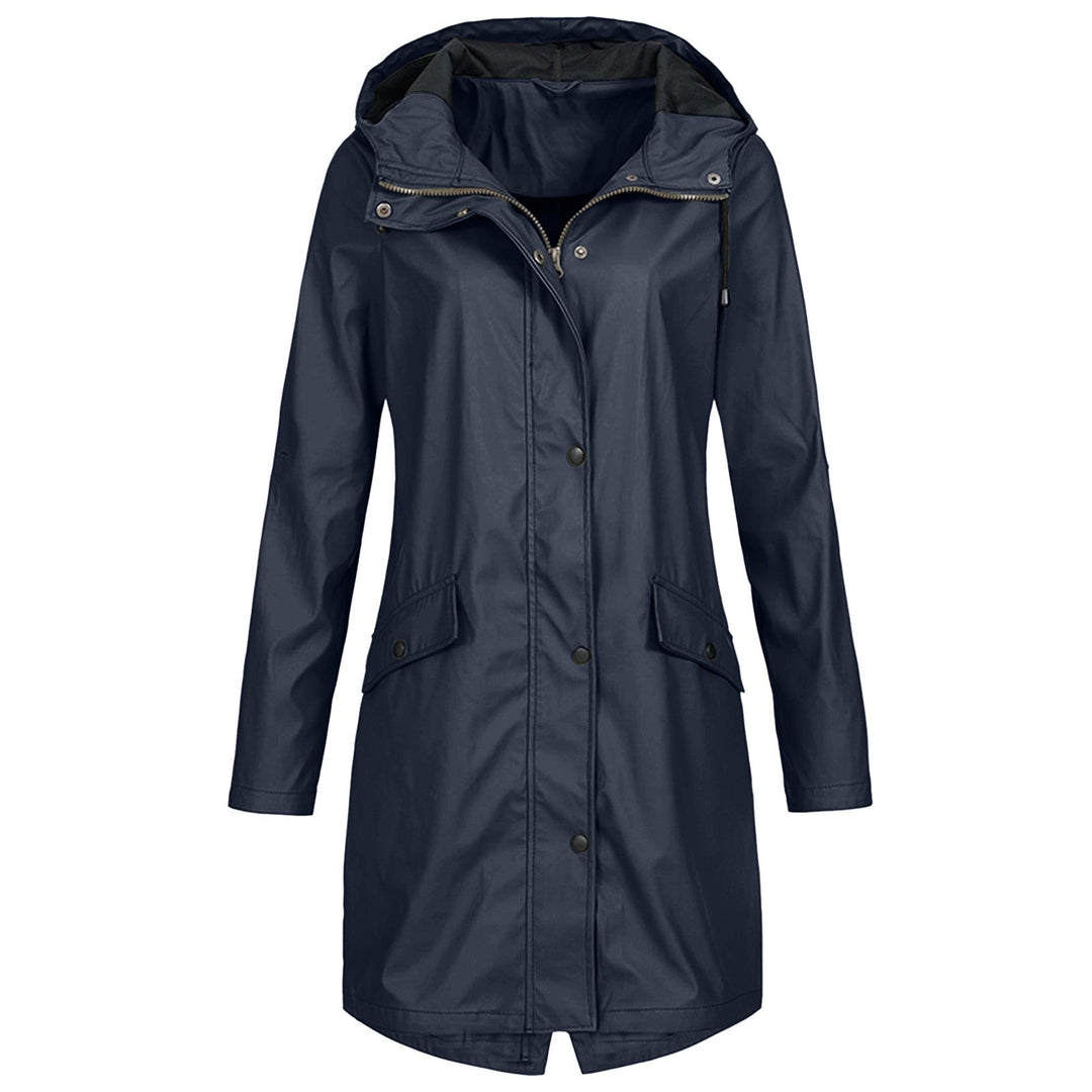 Stylish women's lightweight waterproof raincoat with hood, perfect for rainy weather protection.