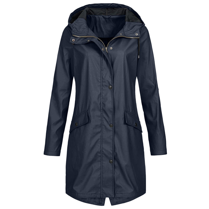 Stylish women's lightweight waterproof raincoat with hood, perfect for rainy weather protection.