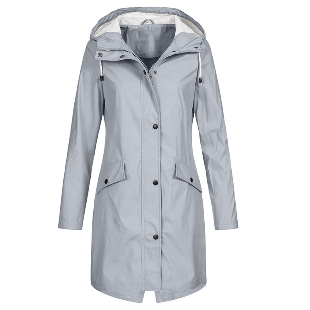 Close-up of the lightweight, waterproof fabric of a women's all-season rain jacket. Stylish weather protection.