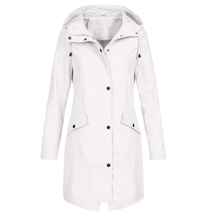 Elegant women's waterproof jacket, lightweight and hooded, offering practical style and protection from rain.