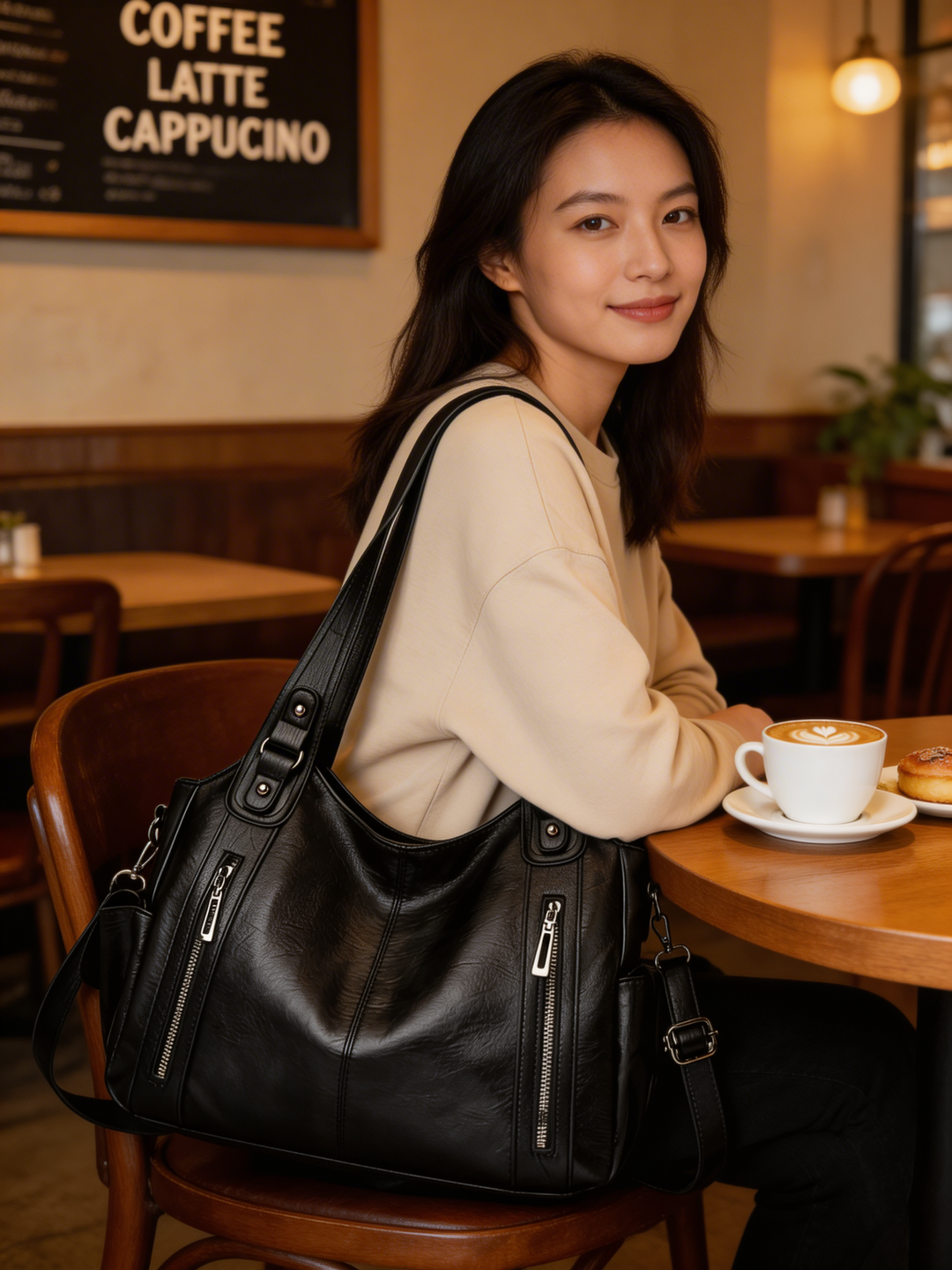 Elegant black multi-compartment women's shoulder bag. Perfect everyday accessory for work or travel. Stylish.