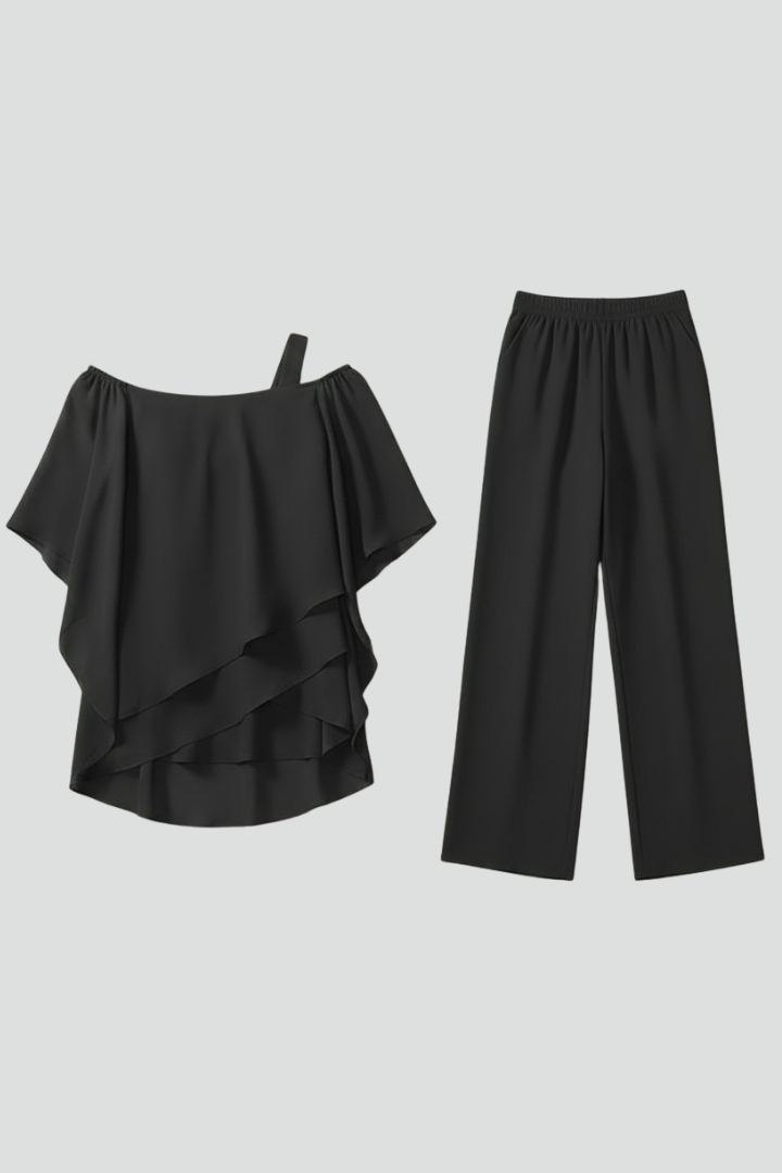Stylish women's off-shoulder top and straight-leg pants two-piece set for casual summer wear.