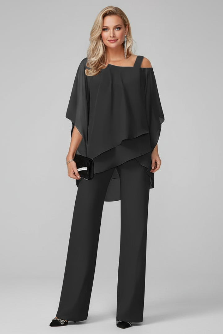 Elegant off-shoulder top & straight-leg pants set with elastic waist. Modern women's casual outfit.