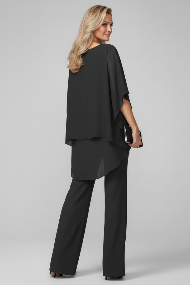Fashionable women's off-shoulder top and matching straight-leg pants set, ideal for a stylish casual look.