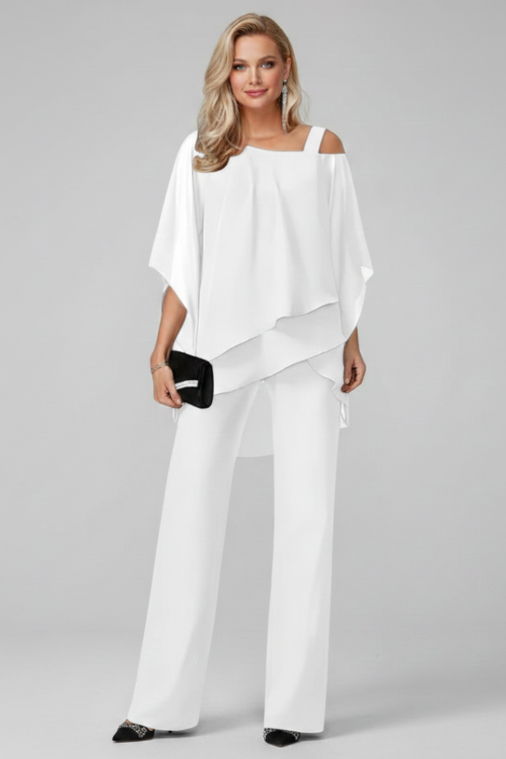 Relaxed fit off-shoulder top & straight-leg pants set. Comfortable women's fashion for casual summer days.