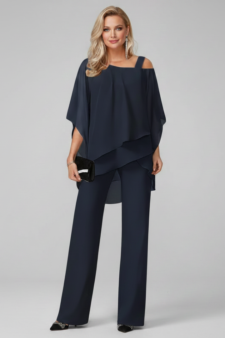 Women's coordinated off-shoulder top & straight-leg pants set with elastic waist. Casual, stylish summer fashion.