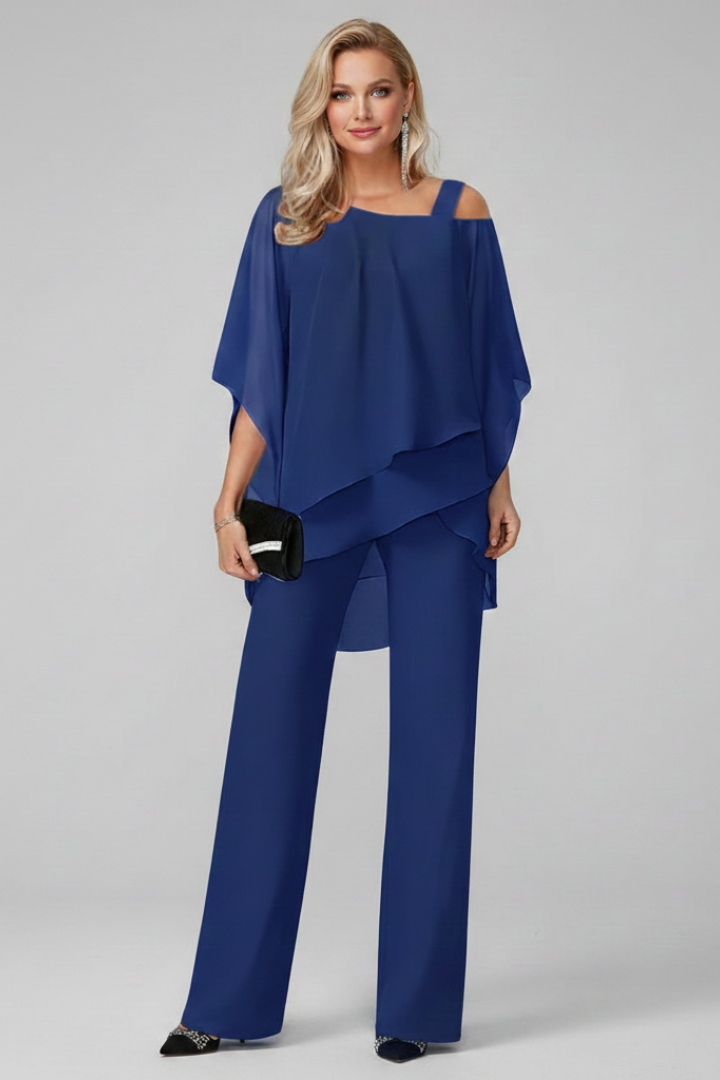 Complete women's outfit: off-shoulder top & straight-leg pants. Versatile casual set for everyday modern style.