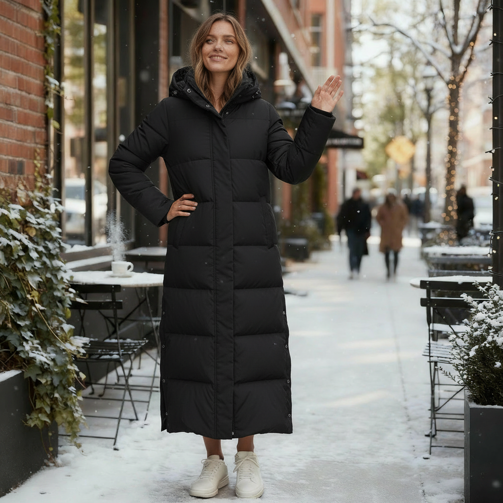 Cozy women's long quilted winter coat, elegant and warm, ideal outerwear for cold weather style.
