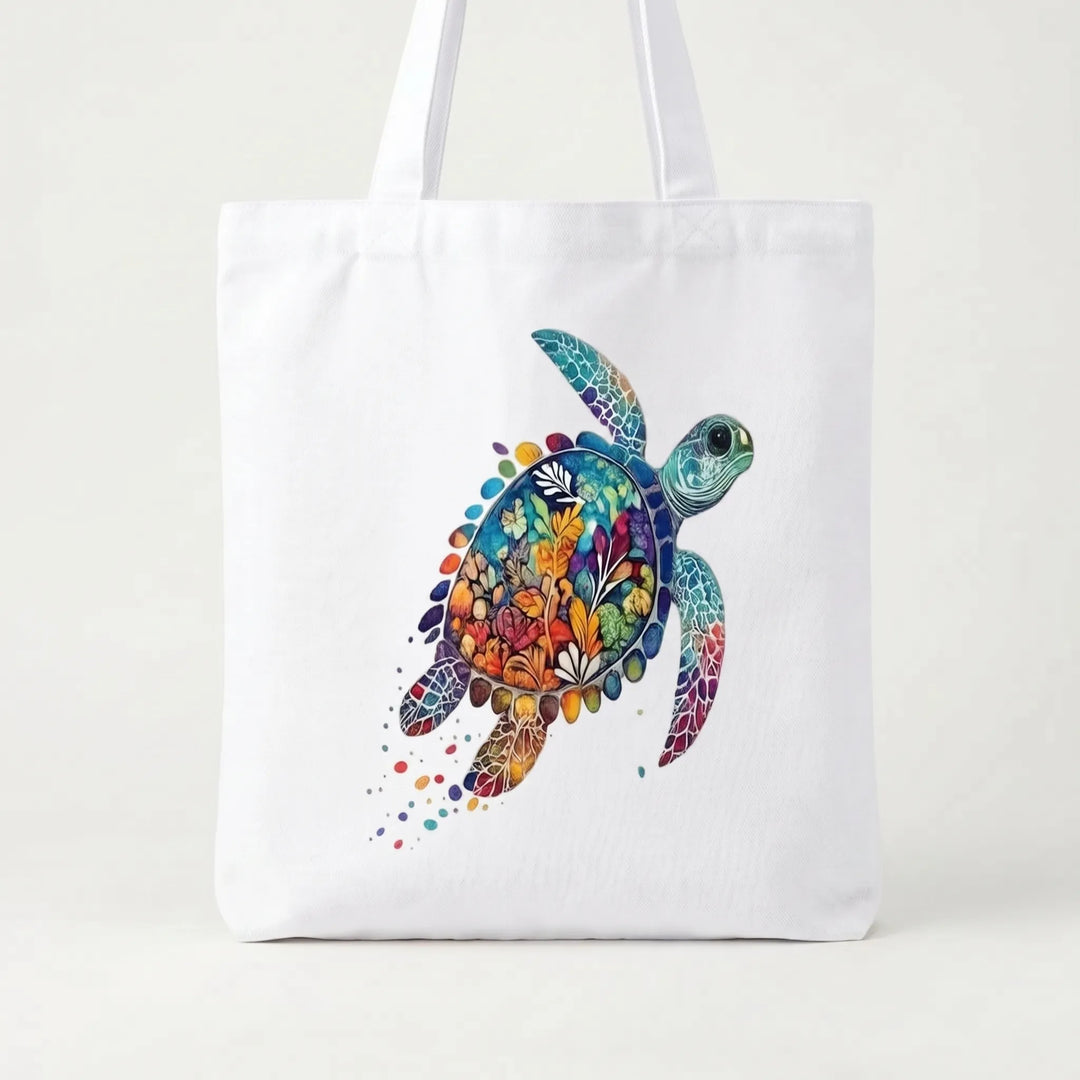 Close-up of women's printed shoulder tote bag, showcasing turquoise fabric & vibrant hibiscus floral design. Stylish & reusable.