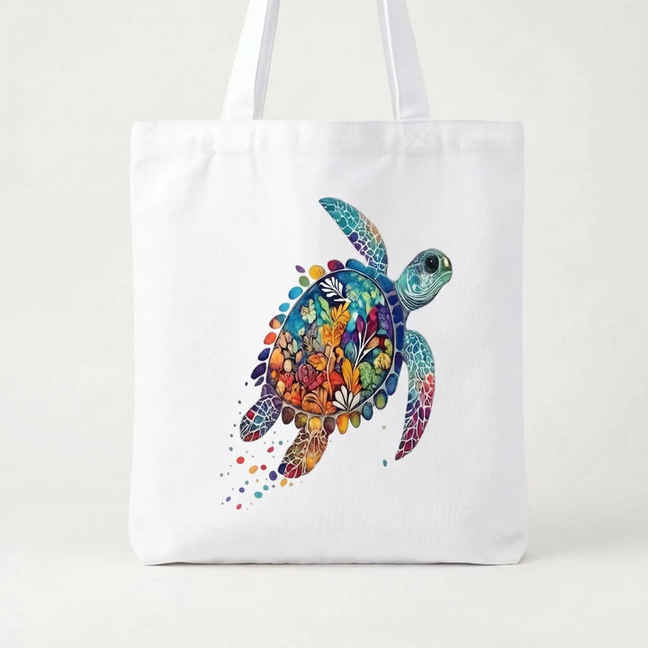 Close-up of women's printed shoulder tote bag, showcasing turquoise fabric & vibrant hibiscus floral design. Stylish & reusable.