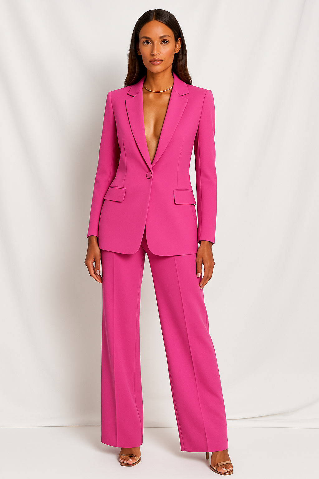 Versatile women's two-piece trouser suit, featuring a blazer for professional or business casual wear.