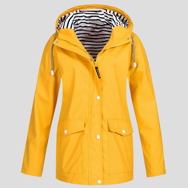 Stylish women's waterproof hooded rain jacket. Lightweight, all-weather outerwear perfect for spring and fall.