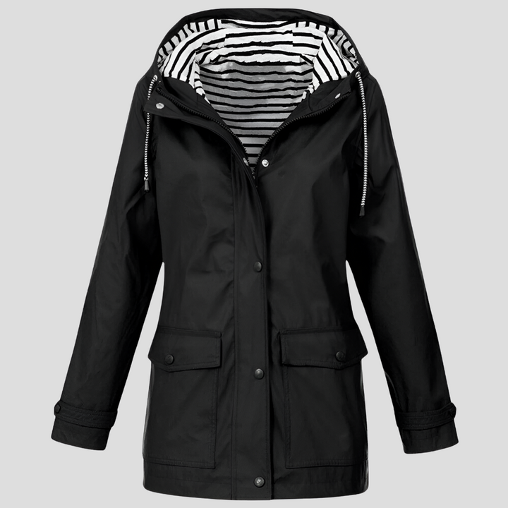 Women's windproof and waterproof rain jacket with hood. Ideal lightweight outerwear for all-weather travel and casual wear.