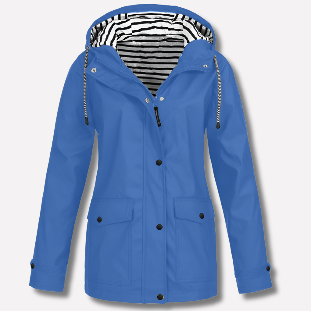 Chic women's hooded rain jacket. Waterproof, lightweight outerwear designed for versatile style in spring and fall seasons.