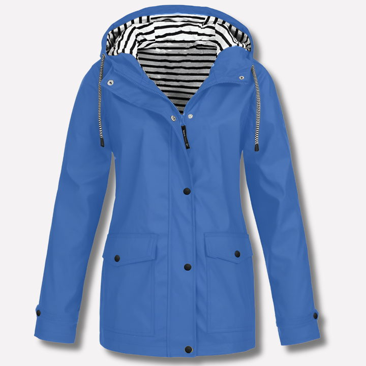 Chic women's hooded rain jacket. Waterproof, lightweight outerwear designed for versatile style in spring and fall seasons.