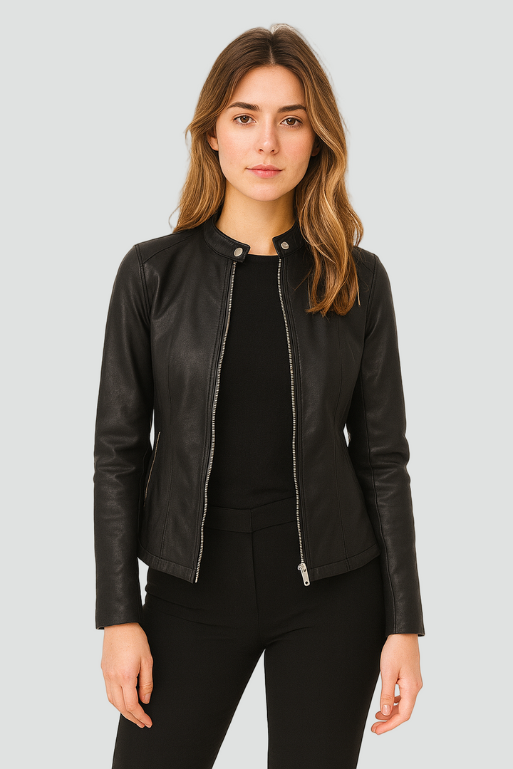 Stylish women's zip-up jacket, versatile for day-to-night wear. Modern, tailored fit outerwear.
