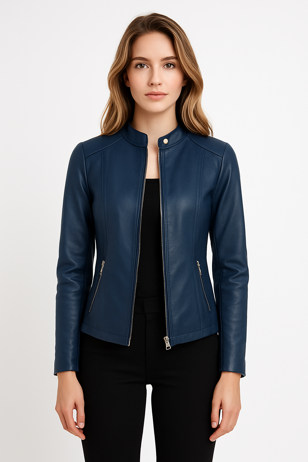 Chic women's zip-up jacket. Versatile and stylish modern outerwear, ideal for casual or evening fashion.