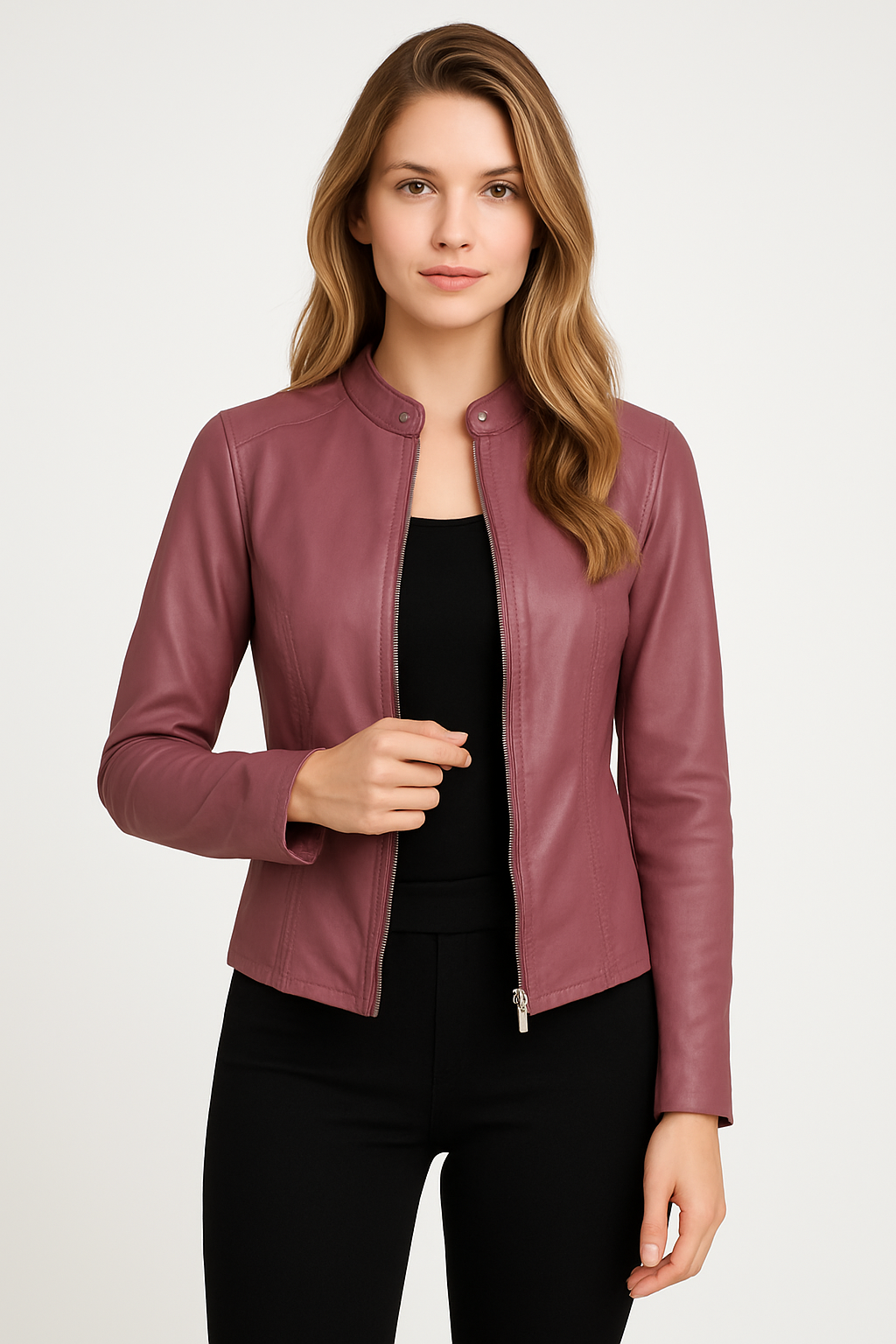 Close-up of a stylish women's zip-up jacket. Features modern design and versatile lightweight fabric.