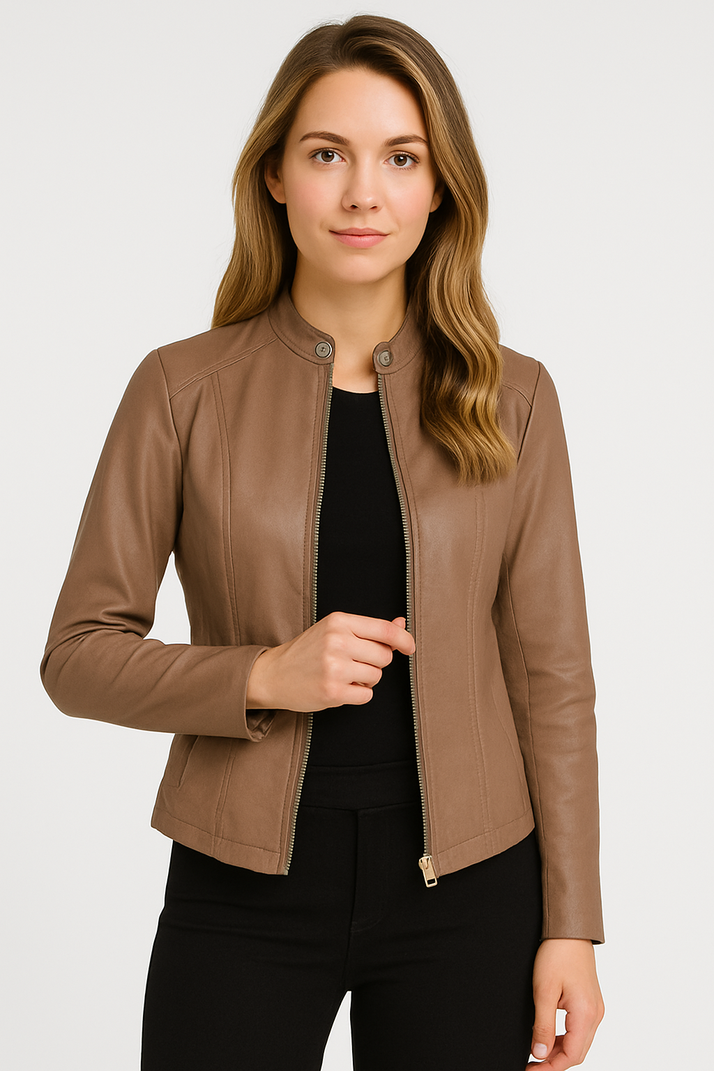 Elegant women's zip-up jacket for versatile day-to-night styling. Modern tailored outerwear fashion.