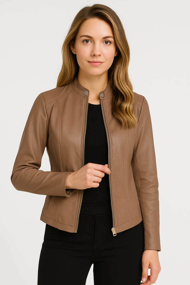 Elegant women's zip-up jacket for versatile day-to-night styling. Modern tailored outerwear fashion.