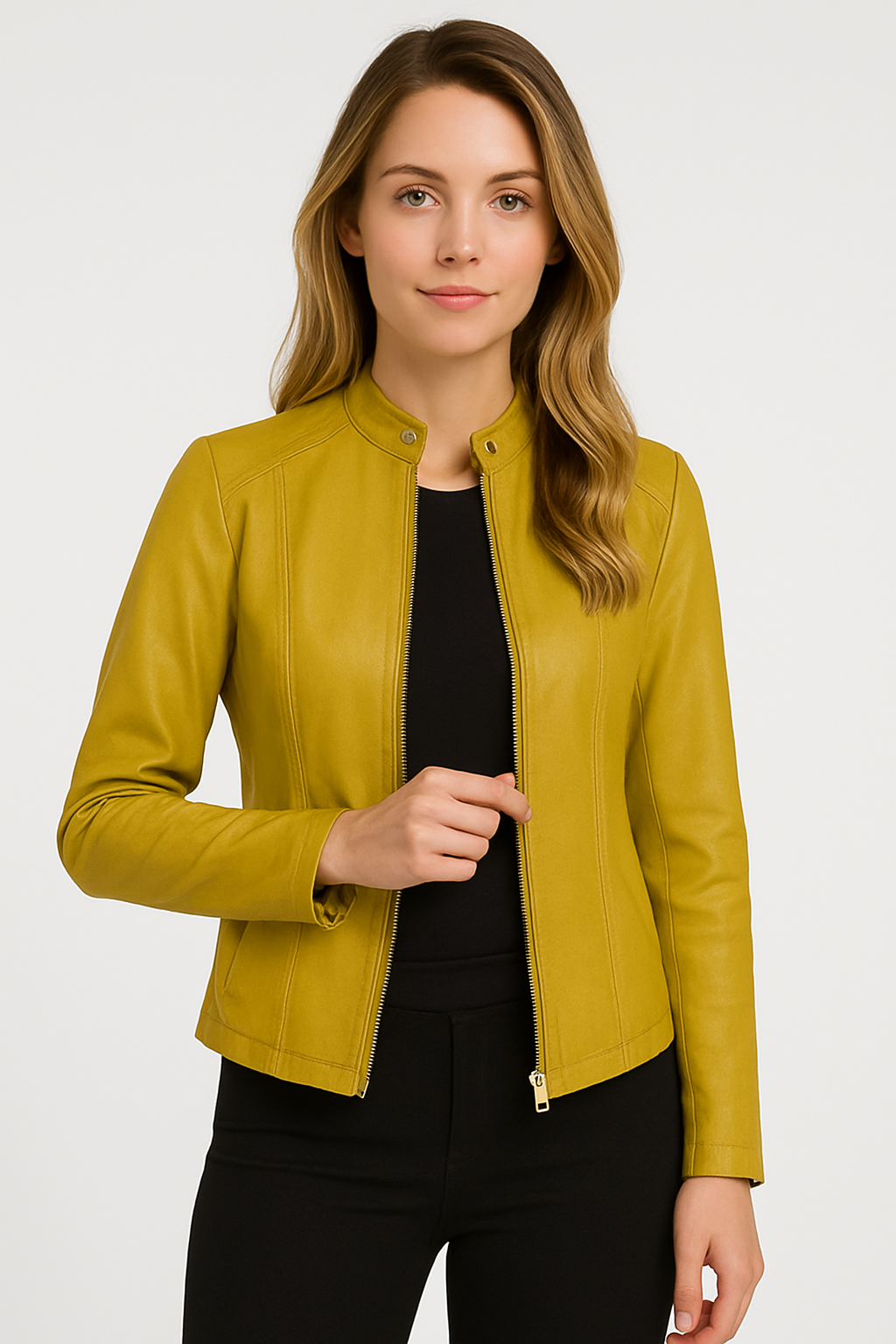 Front view of a stylish women's zip-up jacket. Modern, versatile outerwear with a tailored fit.