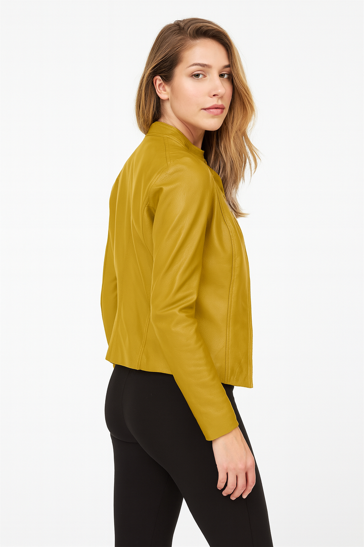 Back view of a women's zip-up jacket, showcasing its tailored fit. Stylish, modern, versatile outerwear.