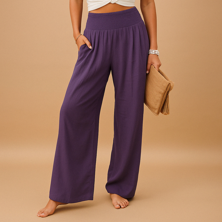 Women's warm weather summer trousers, lightweight & breathable with an elastic waist for comfort.