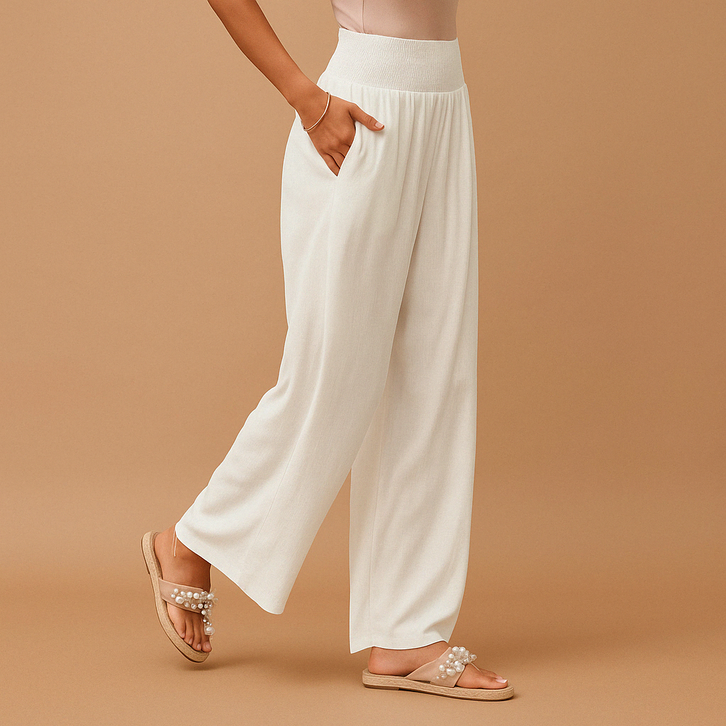 Casual women's summer pants with elastic waist, offering breathable comfort for warm days.