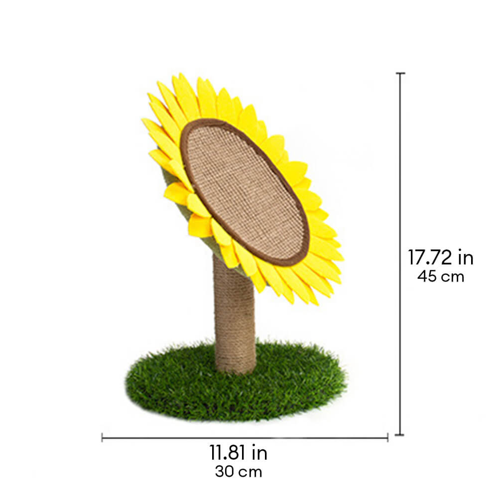 Stylish cat enrichment: a towering sunflower cat scratcher with a strong sisal column and plush petals.