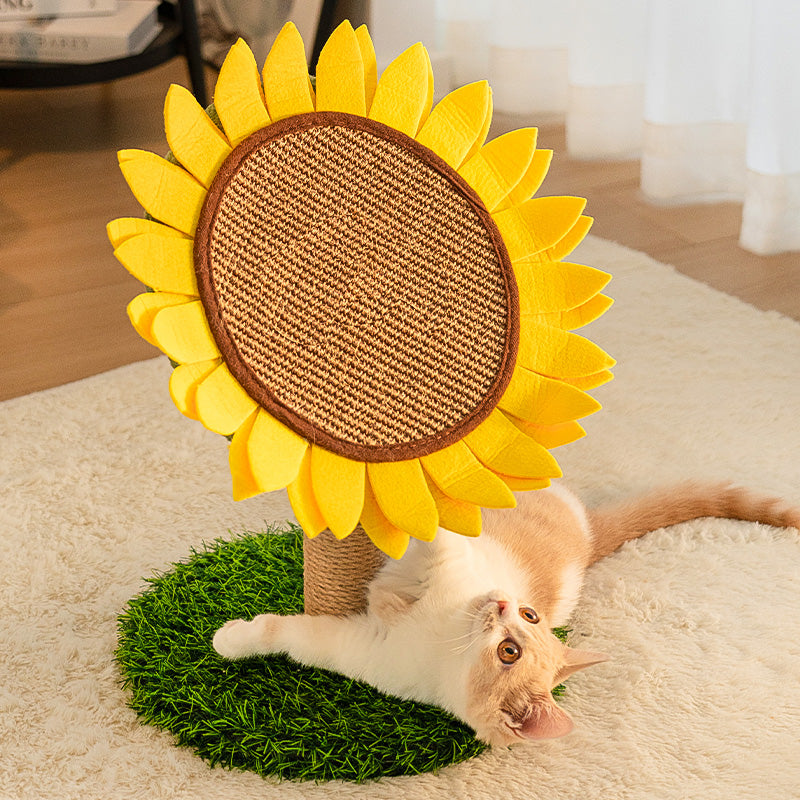 Decorative sunflower cat tree, a durable pet accessory with sisal rope for scratching & a stable base.