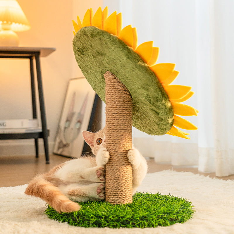 Cat toy sunflower scratcher, featuring a tall sisal post and soft yellow petals on a grass-textured base.