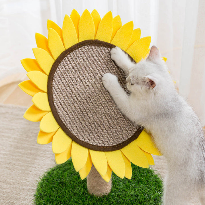 Happy cat playing with a sunflower cat scratcher, engaging with the sisal post and stable green base.