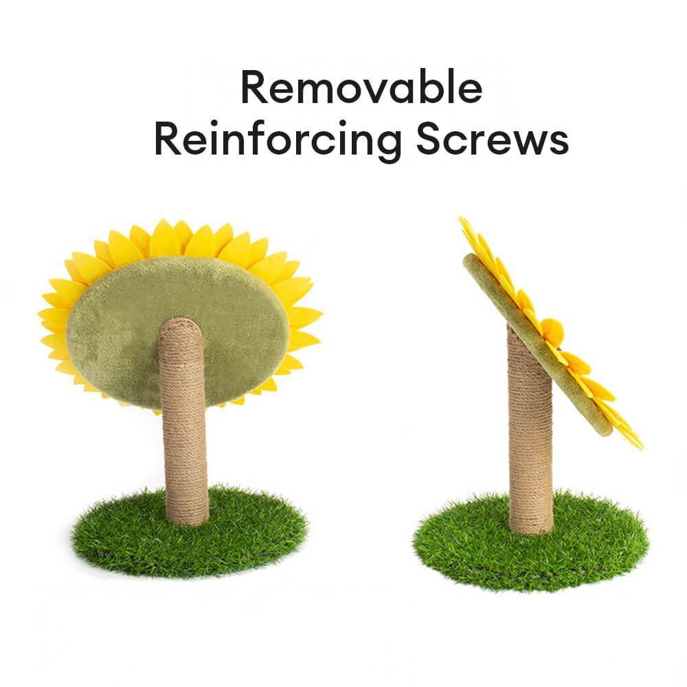 Full view of a sunflower cat furniture piece, a unique scratcher with a green base and bright yellow top.