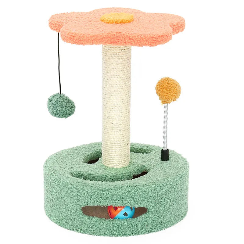 Interactive sunflower cat scratching post featuring durable sisal and hanging toy, pet supplies.
