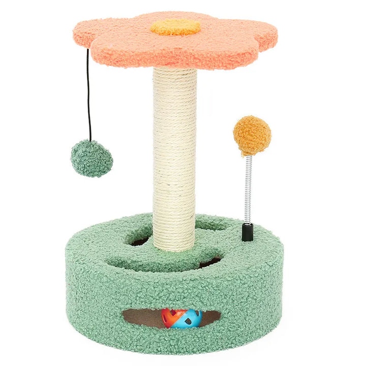 Interactive sunflower cat scratching post featuring durable sisal and hanging toy, pet supplies.