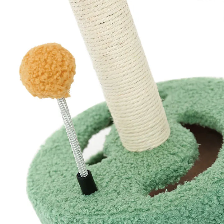 Cute sunflower design cat scratching post with sturdy sisal rope, ideal for feline play and enrichment.