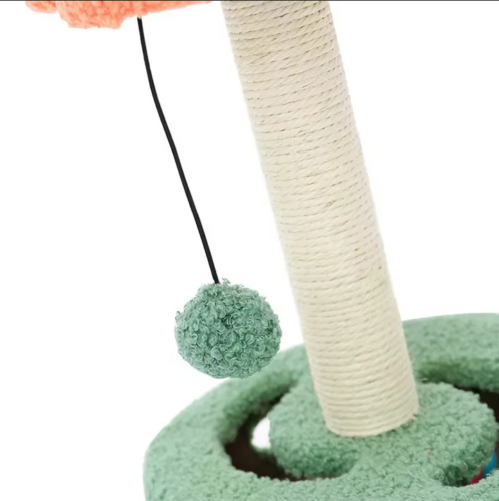 Feline enrichment sunflower cat tree with sisal scratching surface and built-in interactive toy.