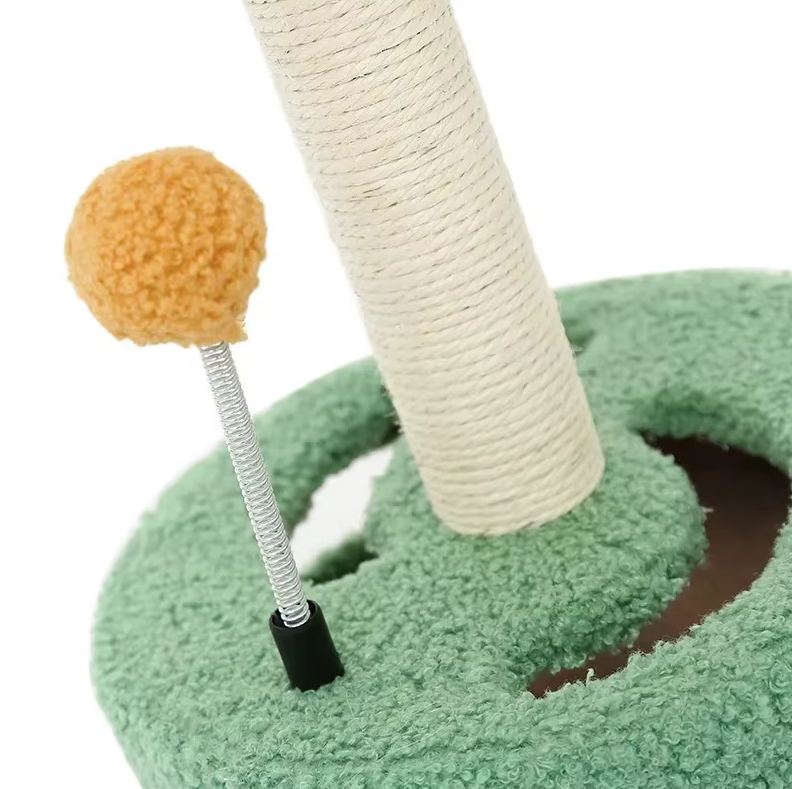 Vibrant sunflower cat scratching post, yellow and rosa, with sisal for healthy claws, pet supplies.