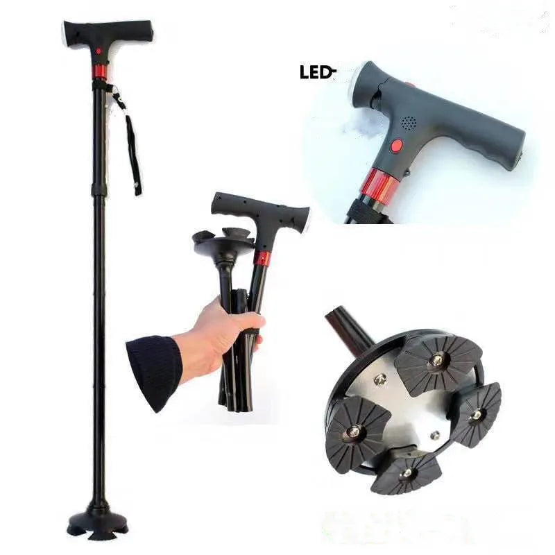 Portable SureStep folding walking cane with built-in LED light for safe night travel and confident steps.