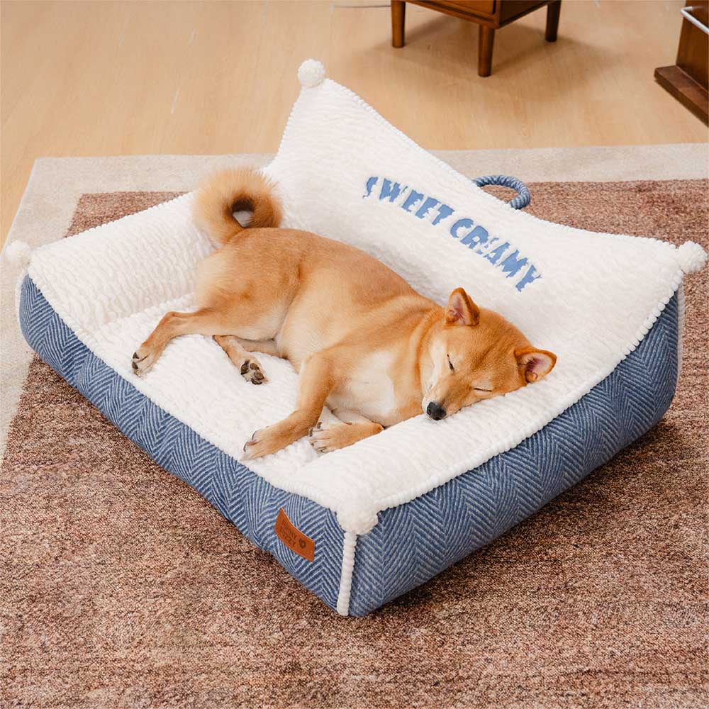Close-up of plush Sweet Creamy dog bed, washable bolster design for pet comfort