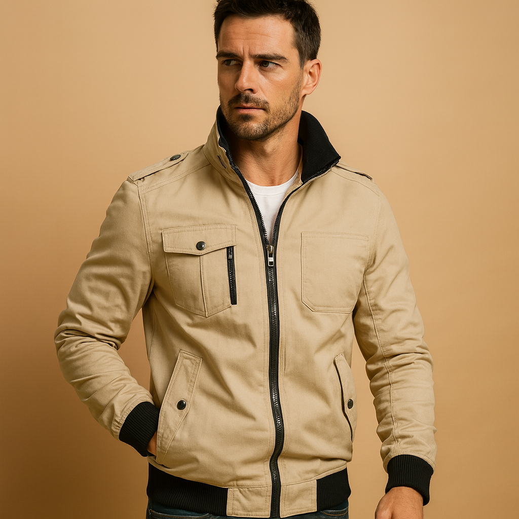 Stylish men's tactical bomber jacket. Rugged fall/winter outerwear for men, offering both fashion and practical utility.