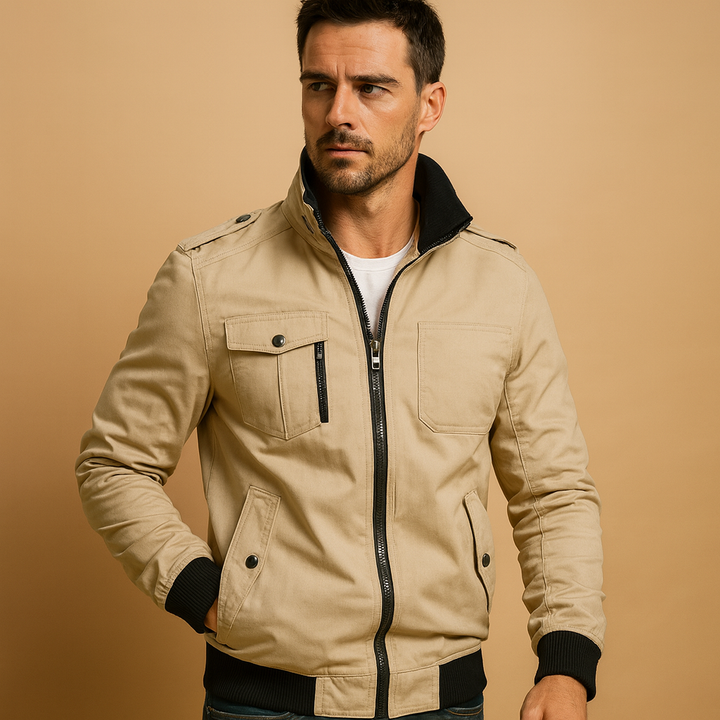 Stylish men's tactical bomber jacket. Rugged fall/winter outerwear for men, offering both fashion and practical utility.