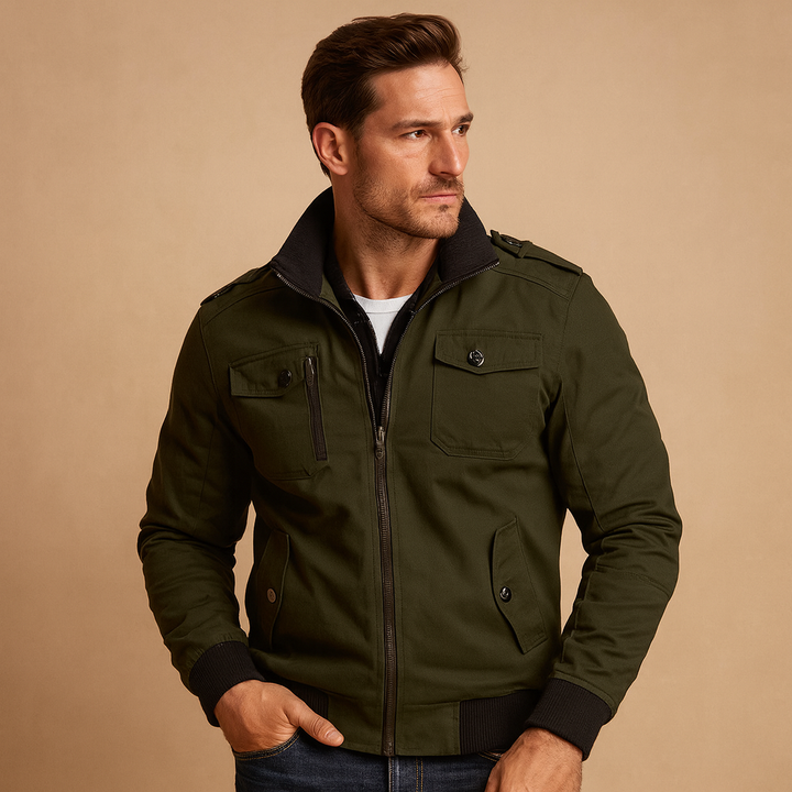Durable men's tactical bomber jacket. Features epaulettes, multi-pockets & rugged design for ultimate utility & style.