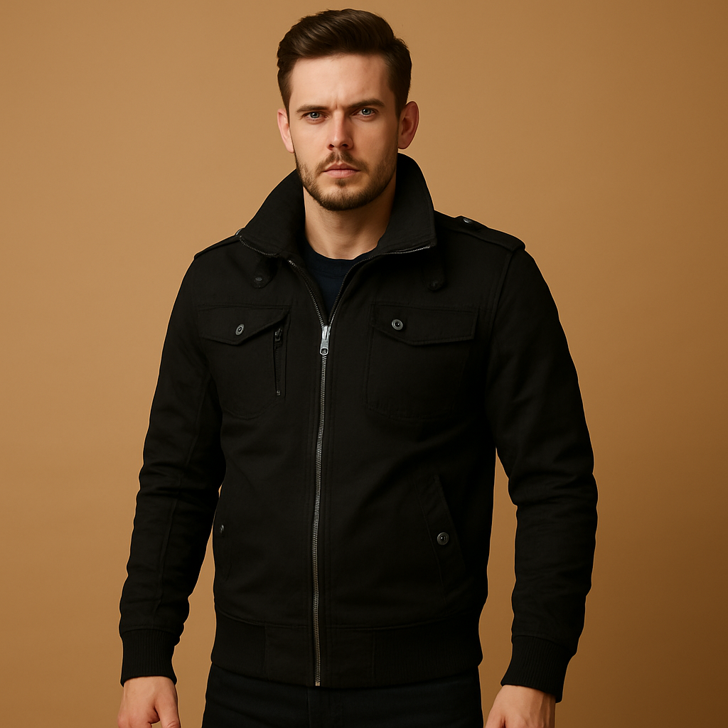 Fall/winter men's bomber jacket. Rugged tactical outerwear with multiple pockets, perfect for versatile style.