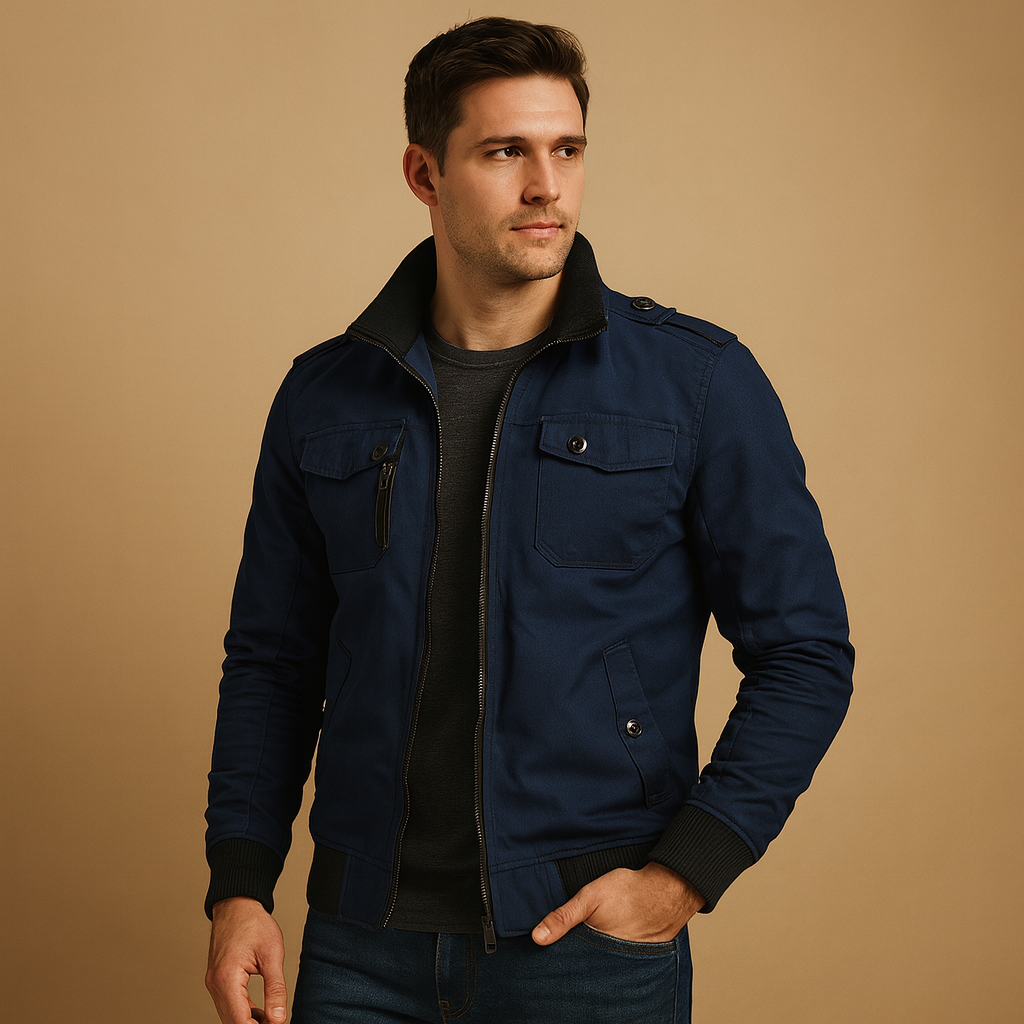 Men's tactical bomber jacket, rugged style, all-weather comfort. Features epaulettes & multi-pockets for utility.