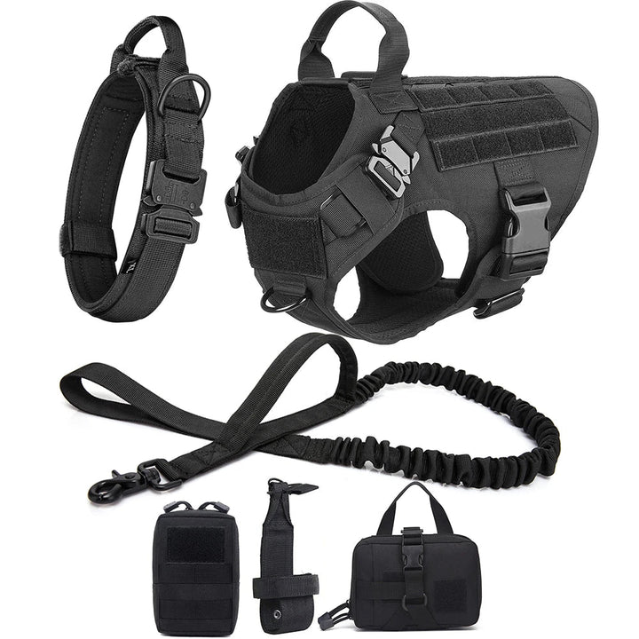 Tactical dog harness set with leash and collar, durable nylon for outdoor adventures