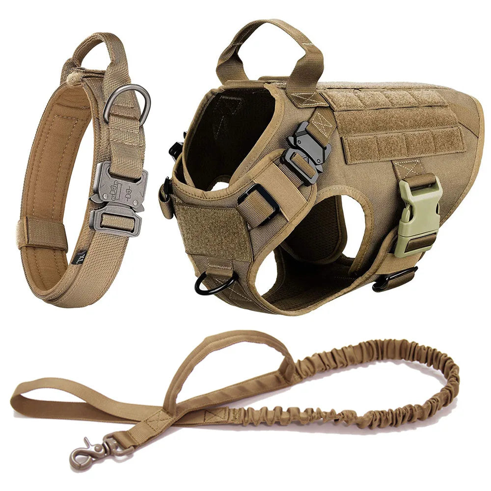 Tactical dog harness with ID panel loop, strong leash, and padded collar for daily use